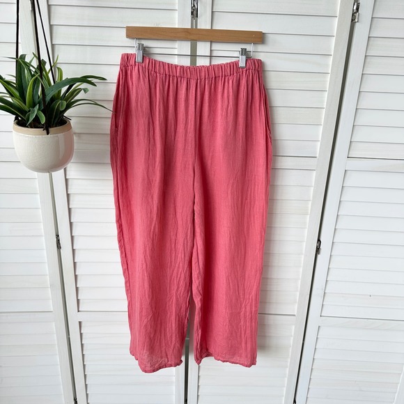Flax Pants - FLAX Linen Pants Pink Elastic Waist Wide Leg Crop Pants Floods Canada Size M